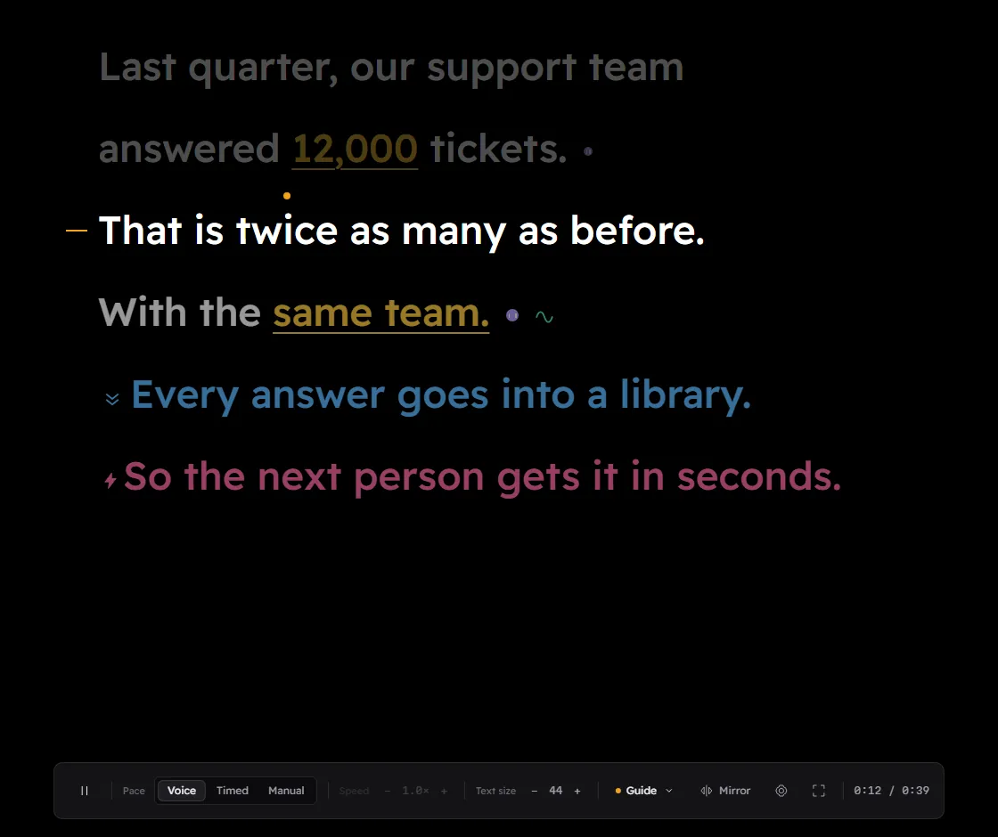 The Pacedot prompter during a recording: the current line is bright, stressed numbers are underlined in amber, a pause and a breath sign follow the sentence, a slower run is blue and an energy run is pink.